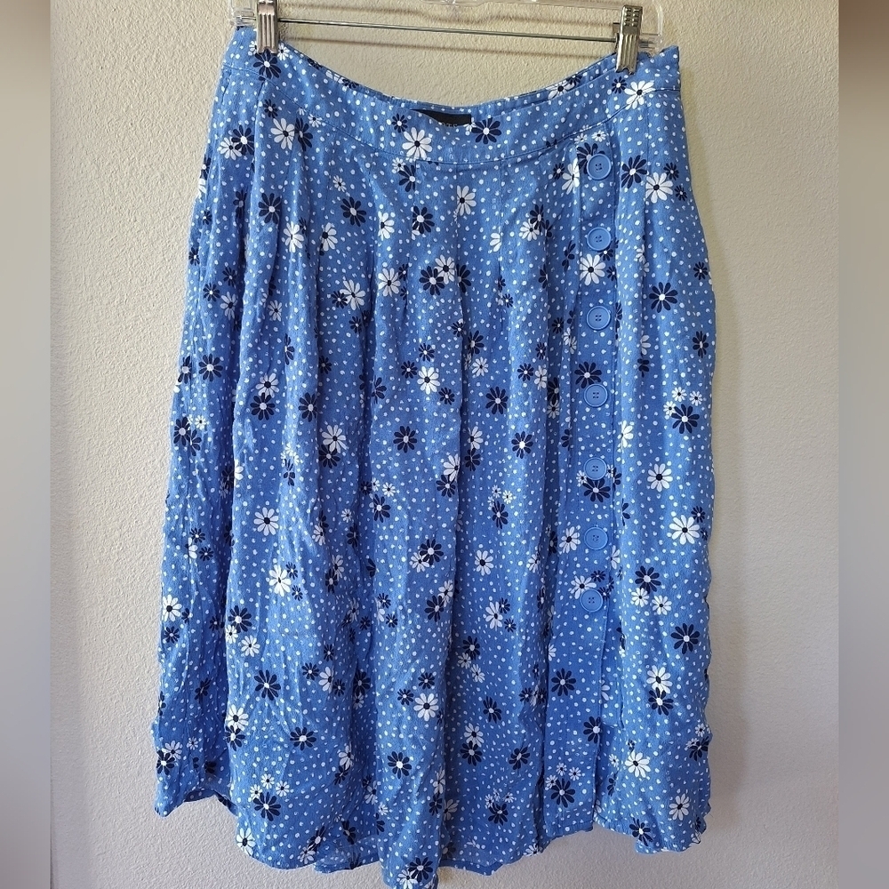 Talbots Womens Blue Dot Daisy Print Midi Skirt Lightweight Pockets Size 10